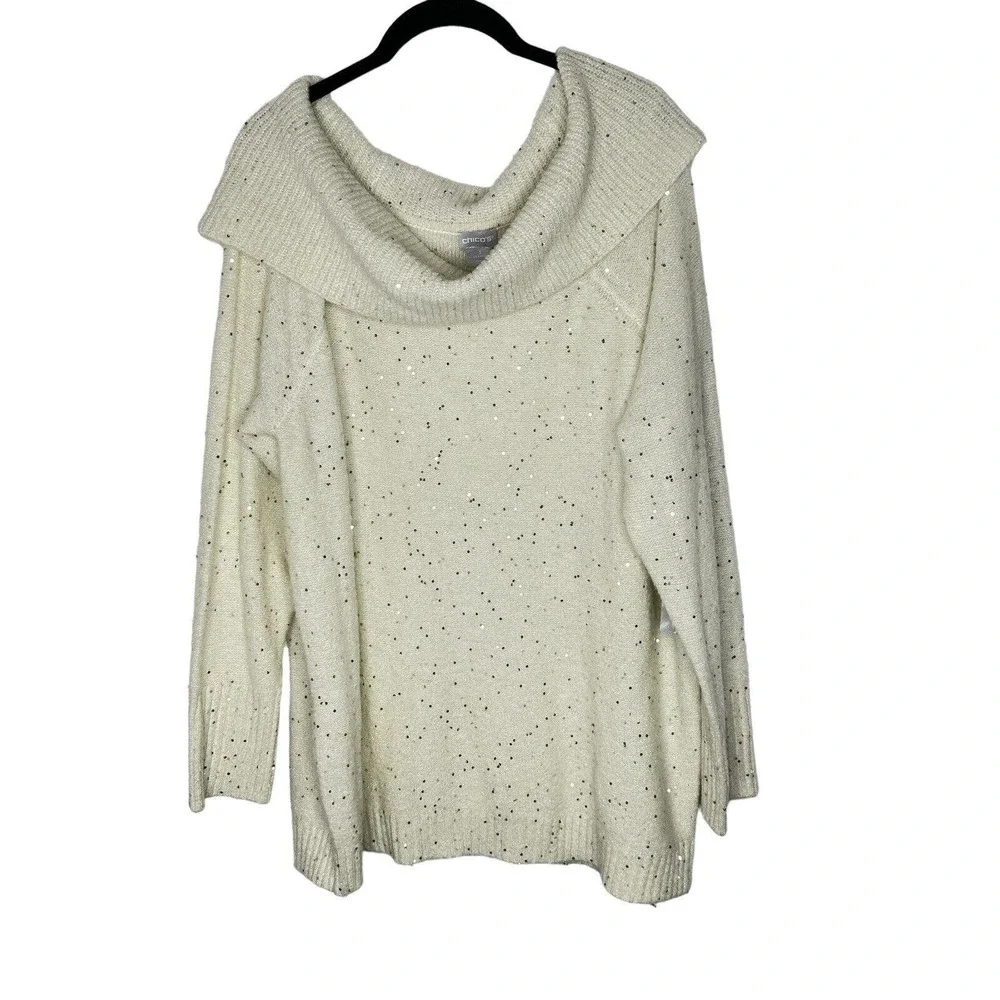 NWT Chicos Womens Off The Shoulder Cowl Neck Sweater 3(XL) Sparkle‎ Sequin Cream
